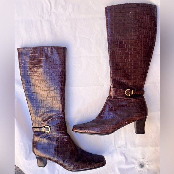 Salvatore Ferragamo Shoes - Rare Salvatore Ferragamo Majene Embossed Croc Knee High Brown Boots